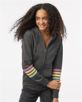 MV Sport - Women's Striped Sleeves Full-Zip Hooded Sweatshirt - W22732