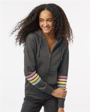 MV Sport - Women's Striped Sleeves Full-Zip Hooded Sweatshirt - W22732